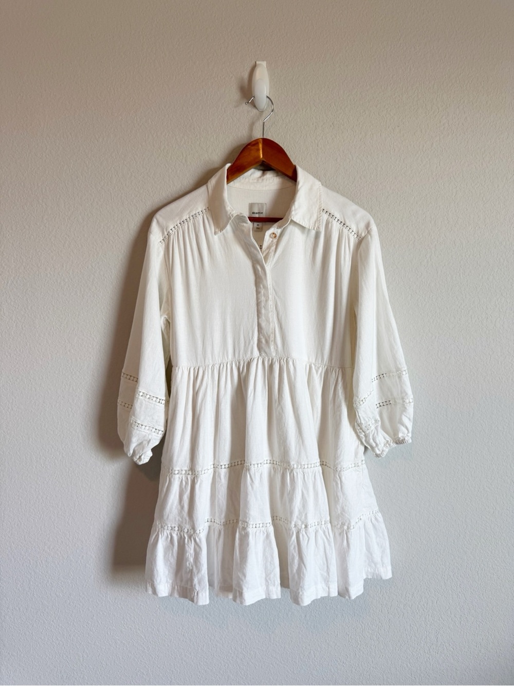 Anthropologie Maeve White Linen Bettina Tiered Mini Shirt Dress Size XS